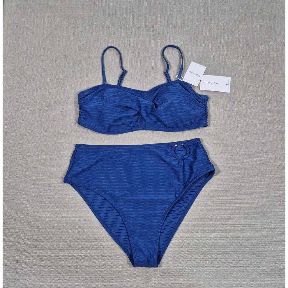 Pink Queen Blue Ribbed High Waisted Bikini Set Twist Front Bandeau Size XL NEW‎